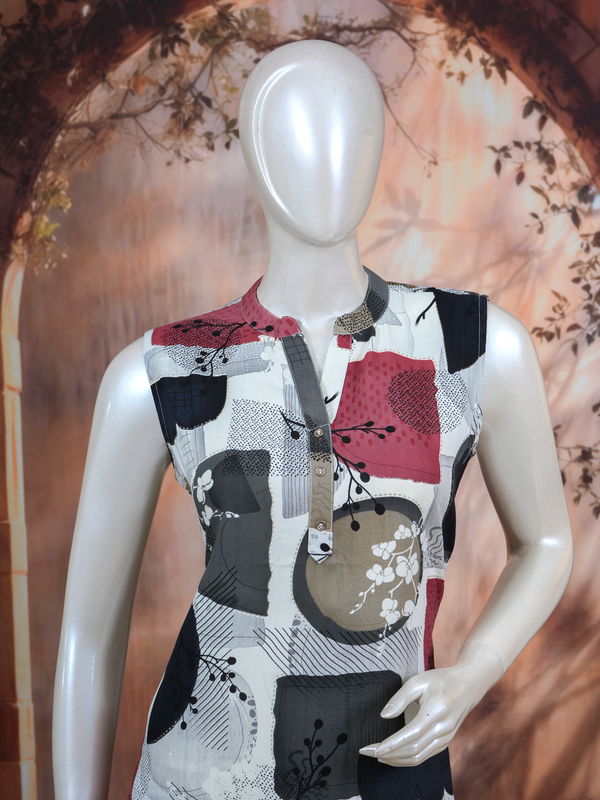 Cream Multicolor Abstract Print Co-ord Set with A-Line Cut