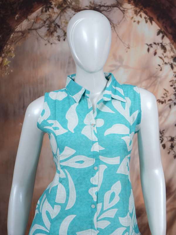 Turquoise Blue Floral Printed Cotton Co-ord Set with A-Line Cut