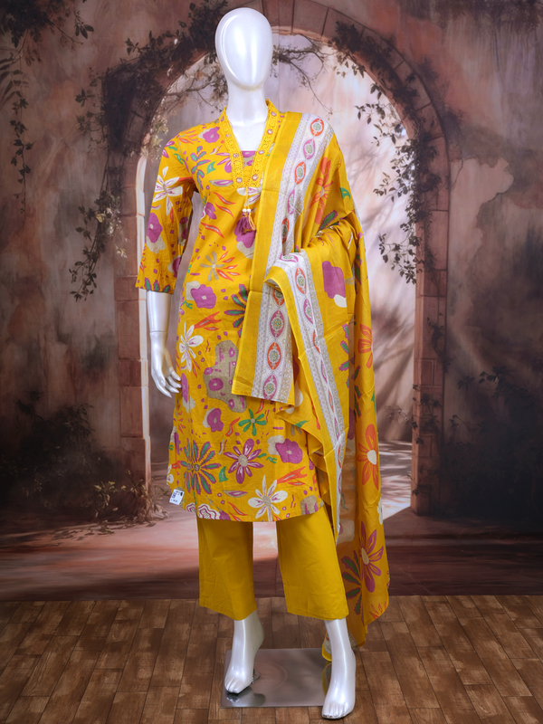 Bright Yellow with Yellow Printed Dupatta Anarkali Kurti Set