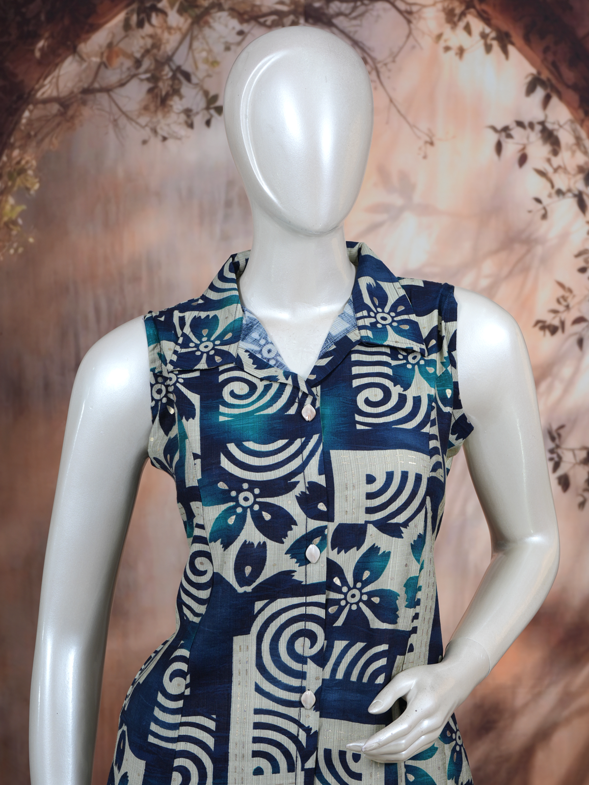 Teal Blue and Beige Co-ord Set with A-Line Cut