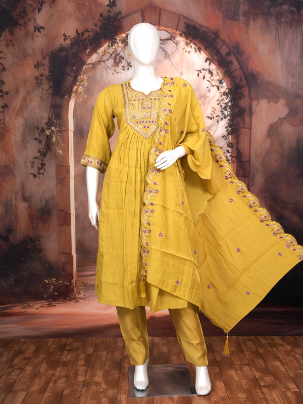 Mustard Yellow with Purple Embroidered Dupatta Ready Made Kurti Set