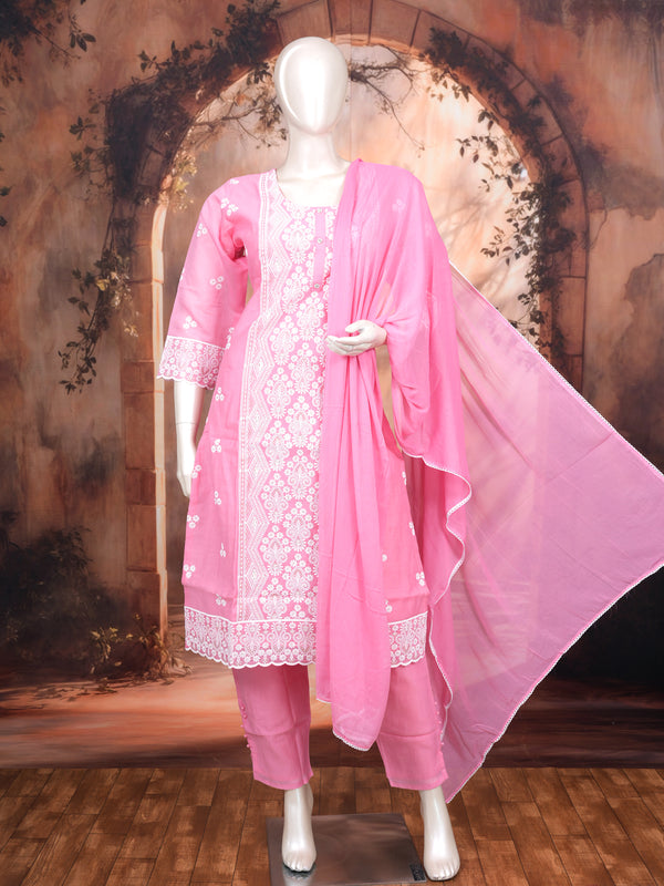 Pink with White Dupatta Ready Made Straight Cut Kurti Set