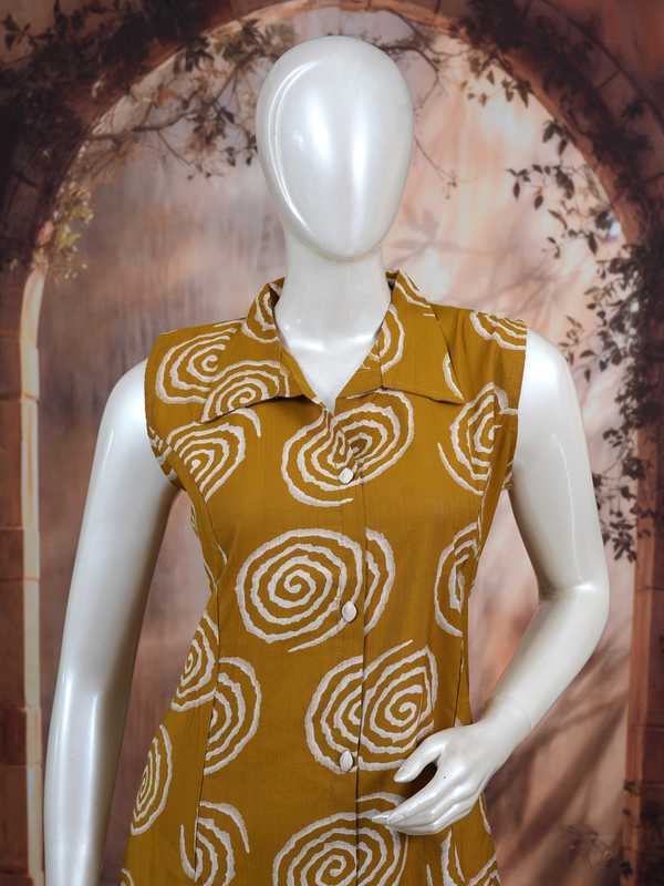 Mustard Yellow Cotton Batik Print Co-ord Set with A-Line Cut