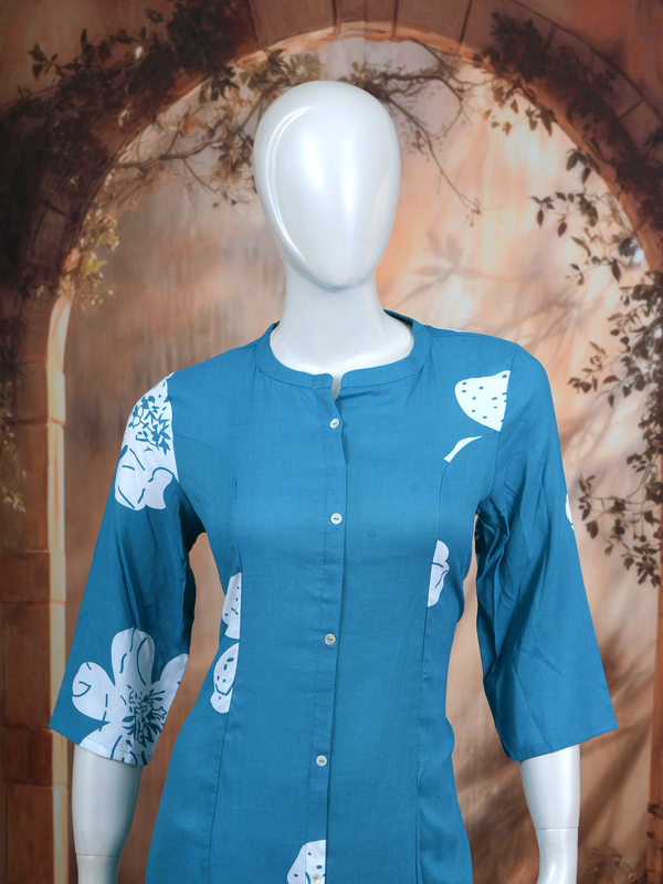 Blue Floral Cotton  2 piece Kurti Set