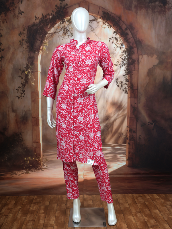 Red Floral Print Cotton 2 piece Kurti Set