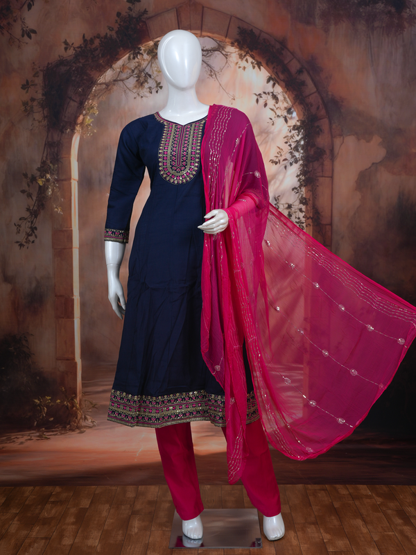 Navy Blue with Magenta Dupatta Anarkali Kurti  Set