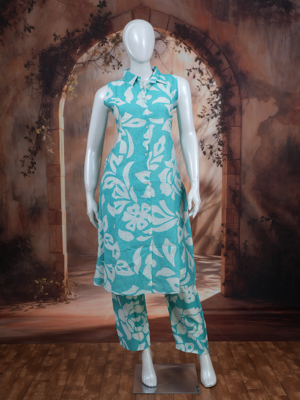 Turquoise Blue Floral Printed Cotton Co-ord Set with A-Line Cut