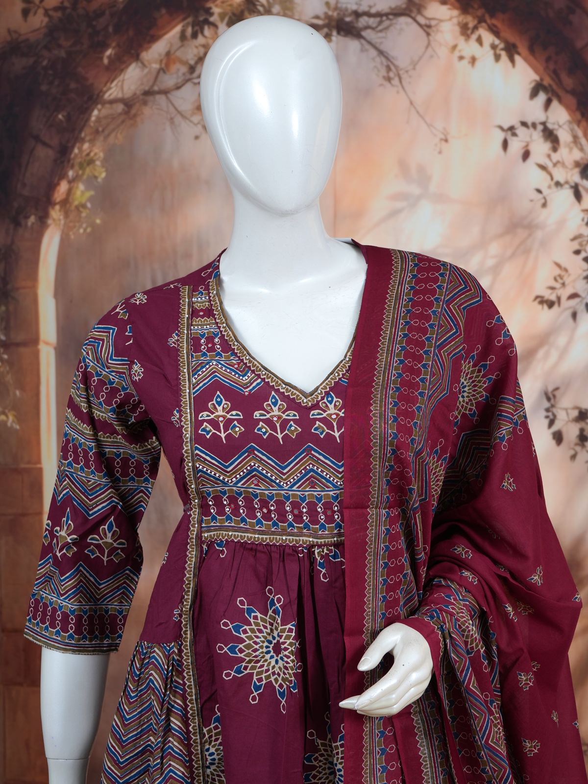 Wine Maroon with Dupatta Anarkali Kurti Set
