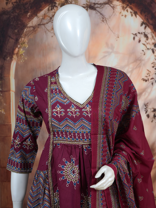 Wine Maroon with Dupatta Anarkali Kurti Set
