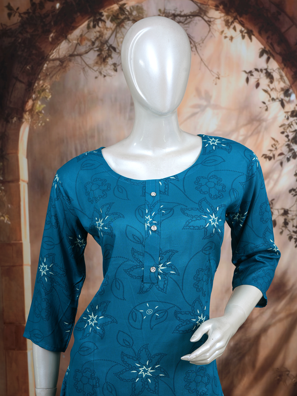 Teal Blue Floral Print Kurti Set