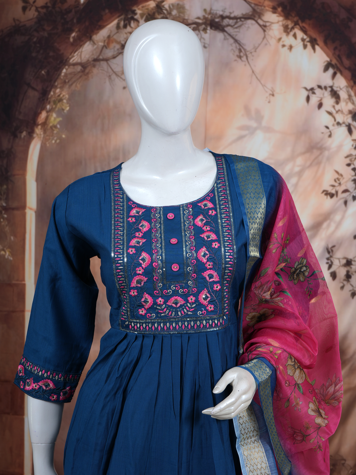 Teal Blue with Magenta Dupatta Anarkali Kurti Set