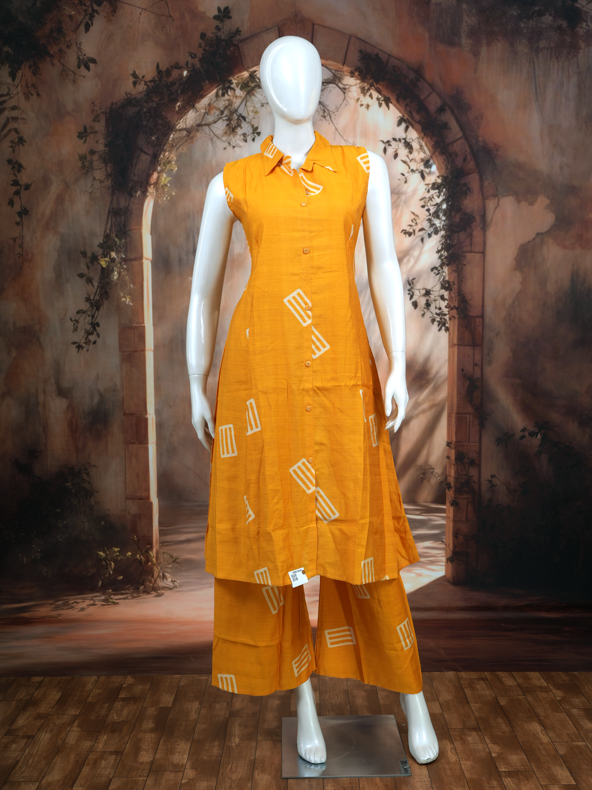 Mustard Yellow Geometric Print Cotton Co-ord Set with A-Line Cut