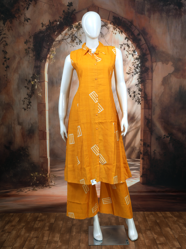 Mustard Yellow Geometric Print Cotton Co-ord Set with A-Line Cut