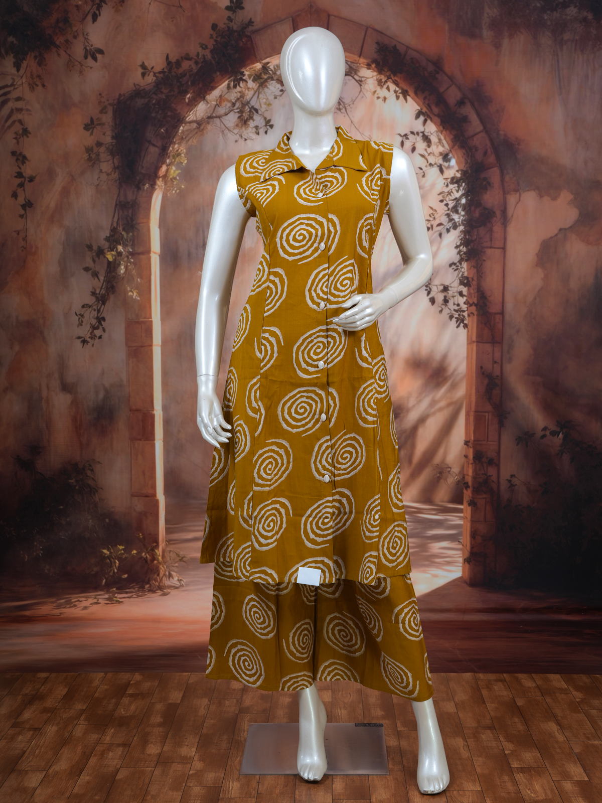 Mustard Yellow Cotton Batik Print Co-ord Set with A-Line Cut