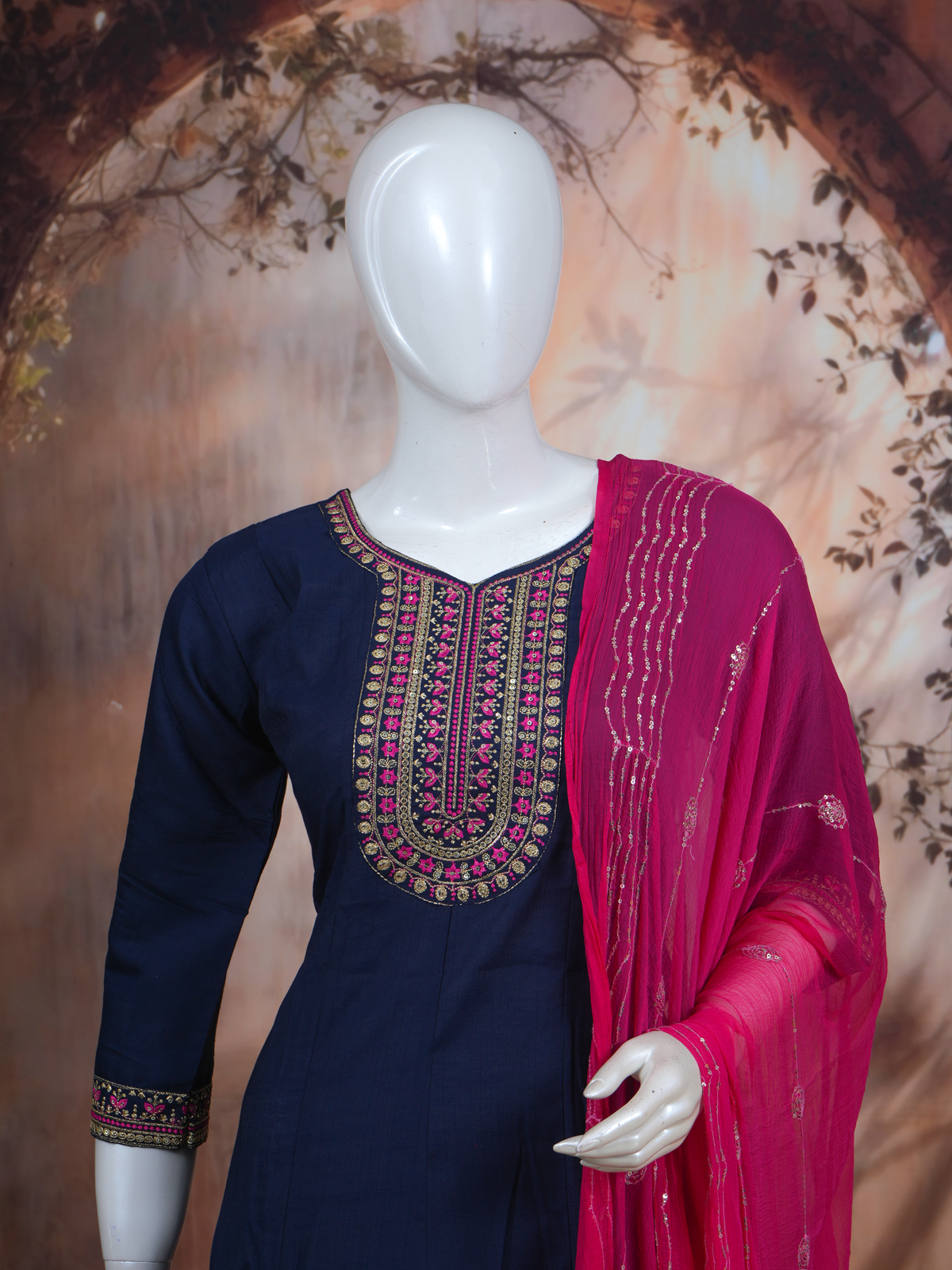 Navy Blue with Magenta Dupatta Anarkali Kurti  Set
