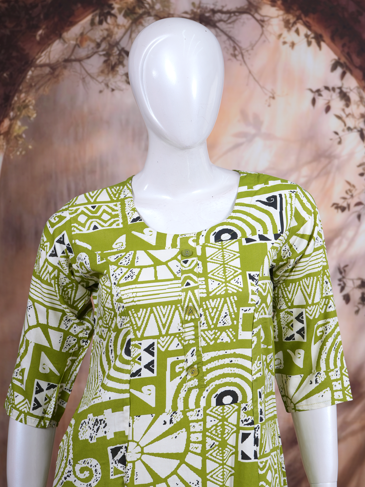 Lime Green Geometric Print Kurti Set