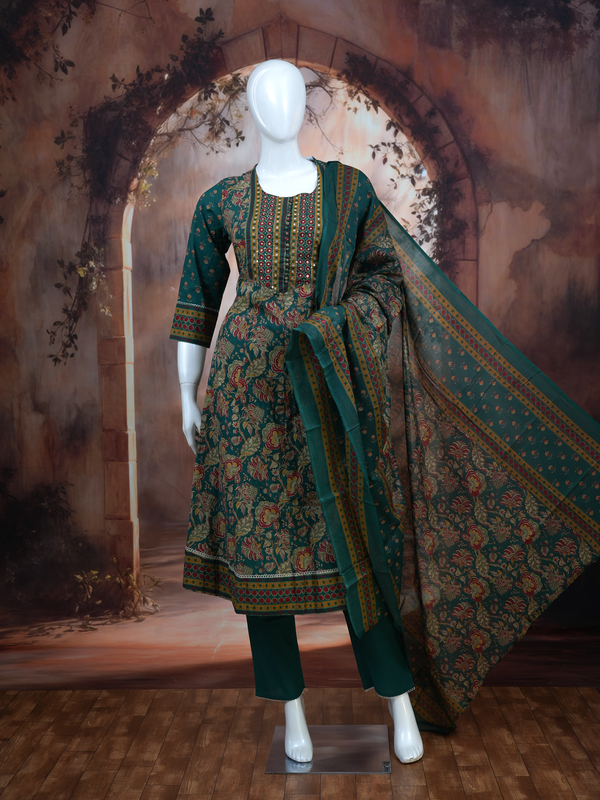 Dark Green with Bottle Green Dupatta Anarkali Kurti Set