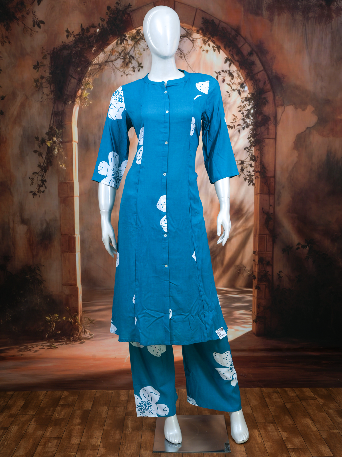 Blue Floral Cotton  2 piece Kurti Set