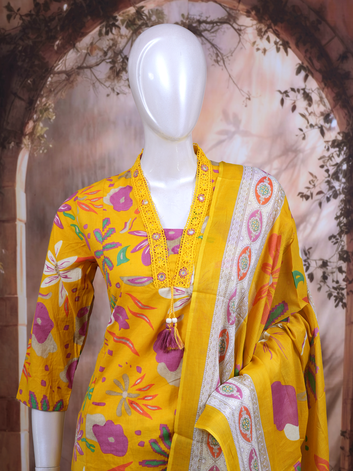 Bright Yellow with Yellow Printed Dupatta Anarkali Kurti Set