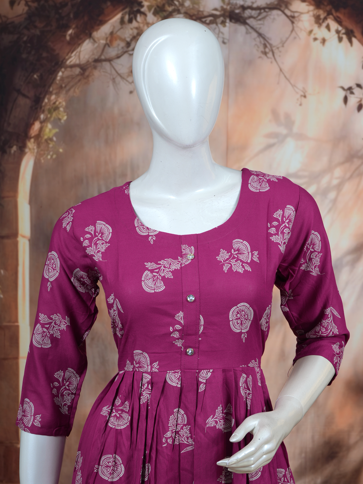 Magenta Printed Anarkali Kurti Set