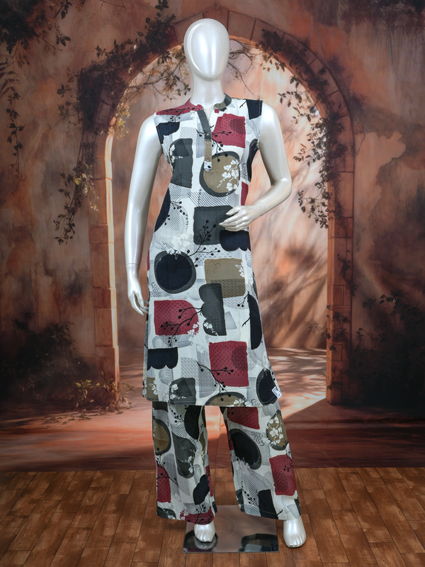 Cream Multicolor Abstract Print Co-ord Set with A-Line Cut