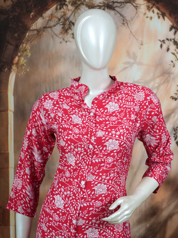 Red Floral Print Cotton 2 piece Kurti Set