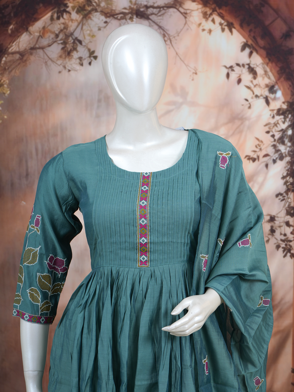 Teal Green With Dupatta Anarkali Kurti Set
