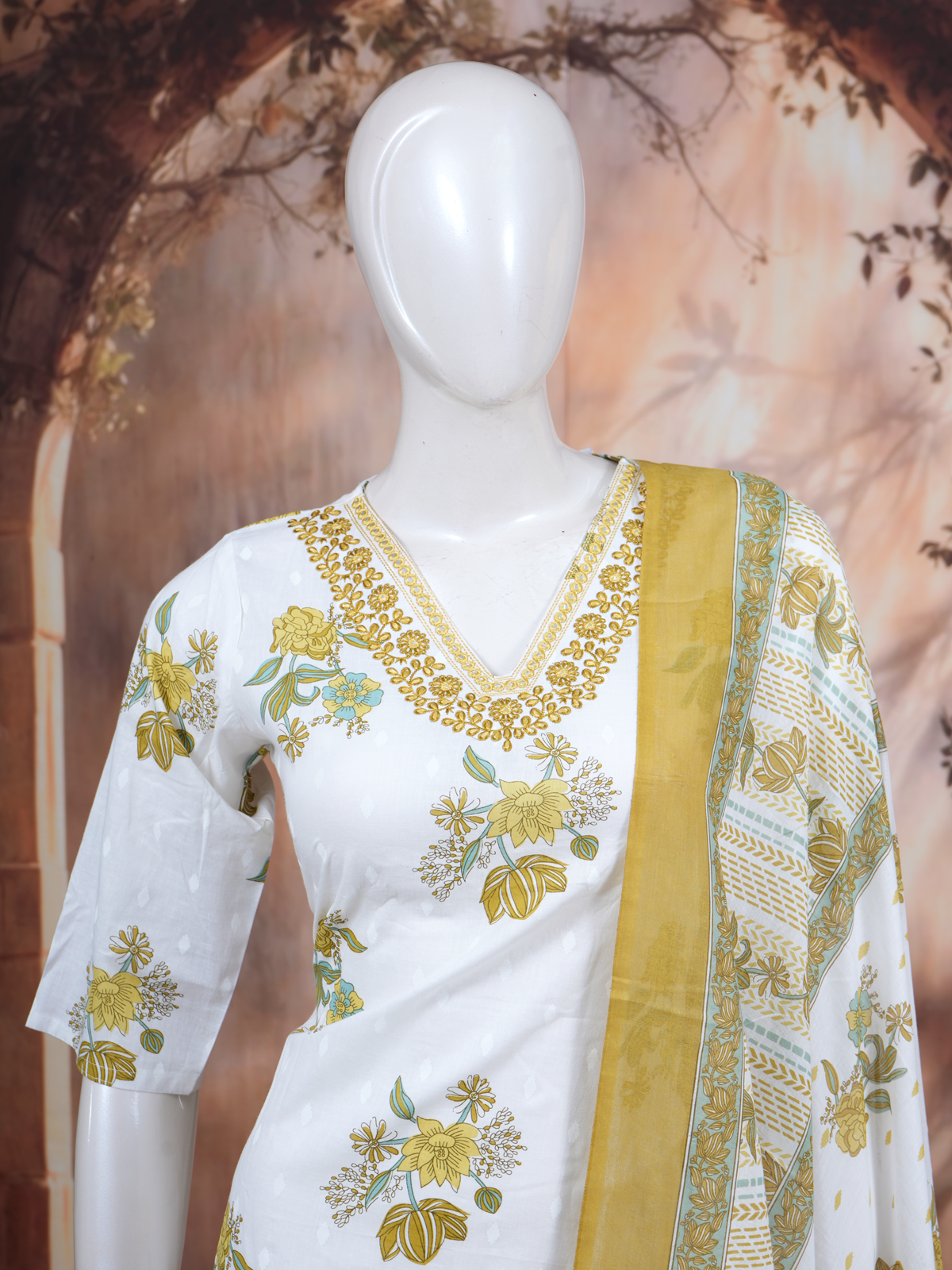 White and Olive Green Floral Print Anarkali  Kurti Set
