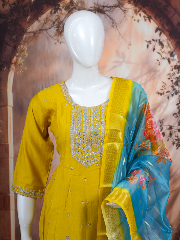 Mustard Yellow with Sky Blue Dupatta Anarkali Kurti Set