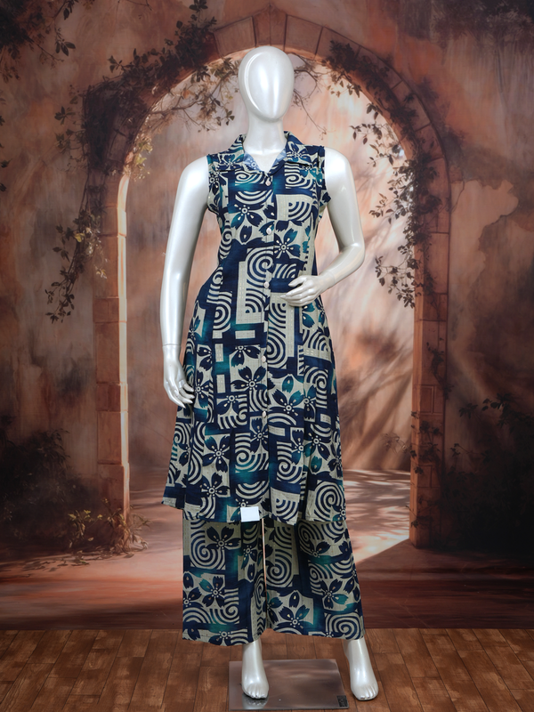 Teal Blue and Beige Co-ord Set with A-Line Cut