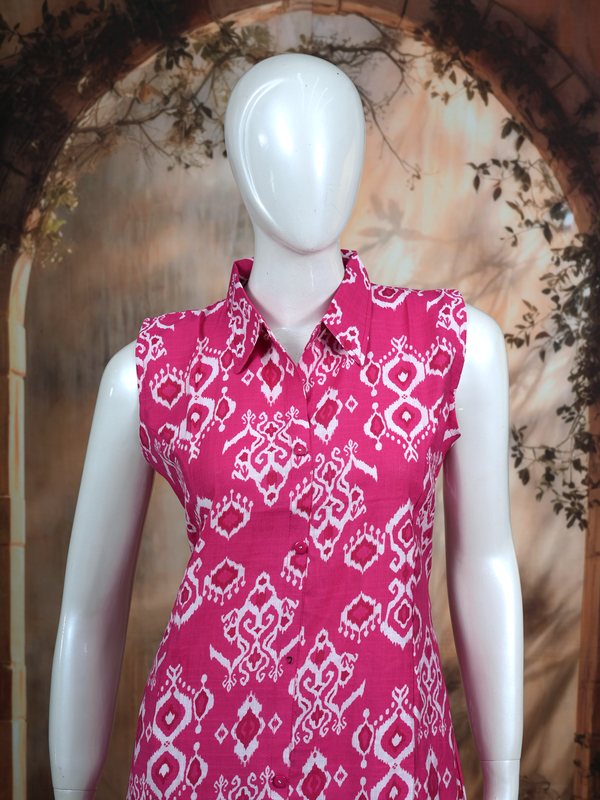 Pink Ikat Print Cotton Co-ord Set with A-Line Cut