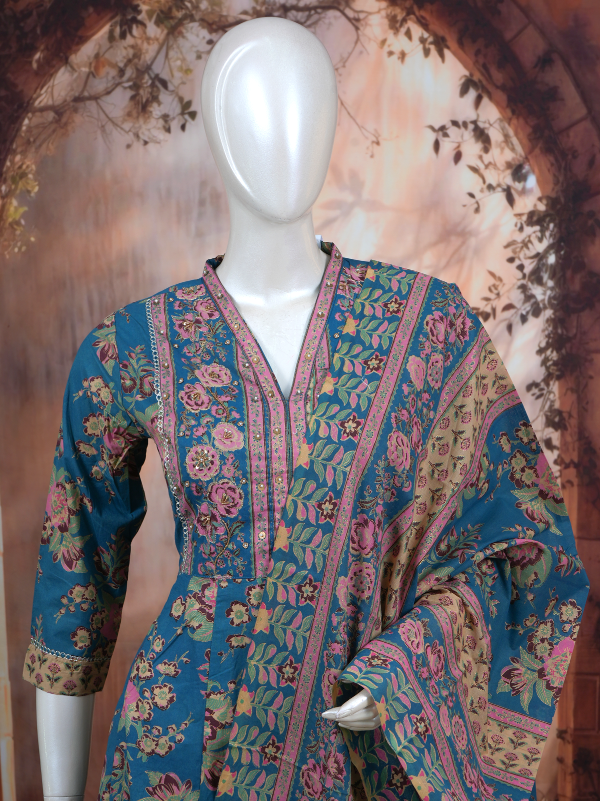 Teal Blue with Matching Floral Dupatta Anarkali Kurti Set