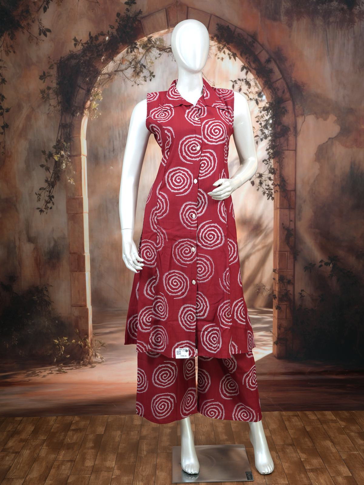 Maroon Shibori Print Co-ord Set with A-Line Cut