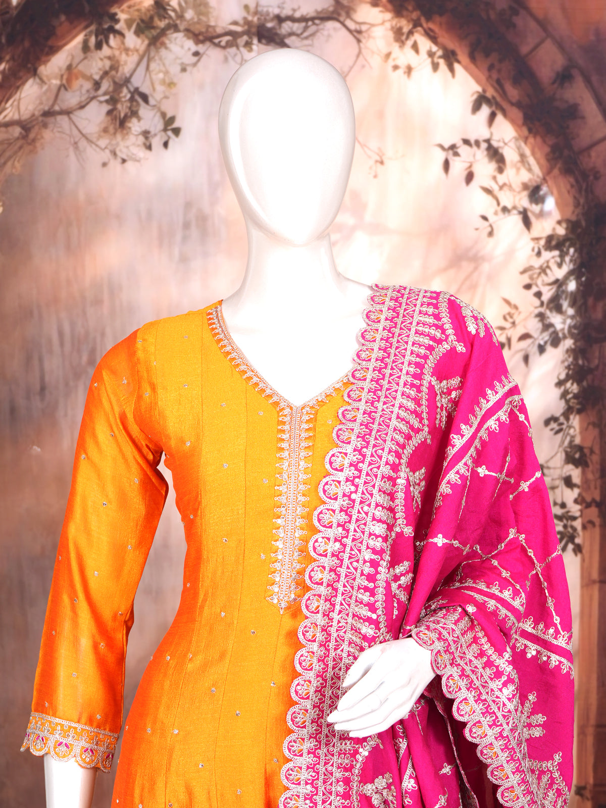 Mango Orange with Magenta Pink Dupatta Ready Made Kurti Set