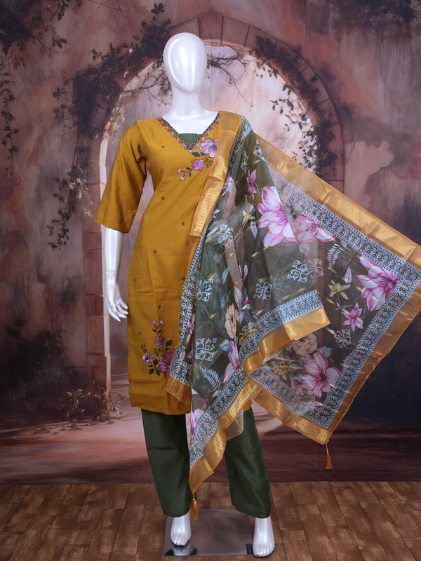 Mustard Yellow with Olive Green Dupatta Anarkali Kurti Set