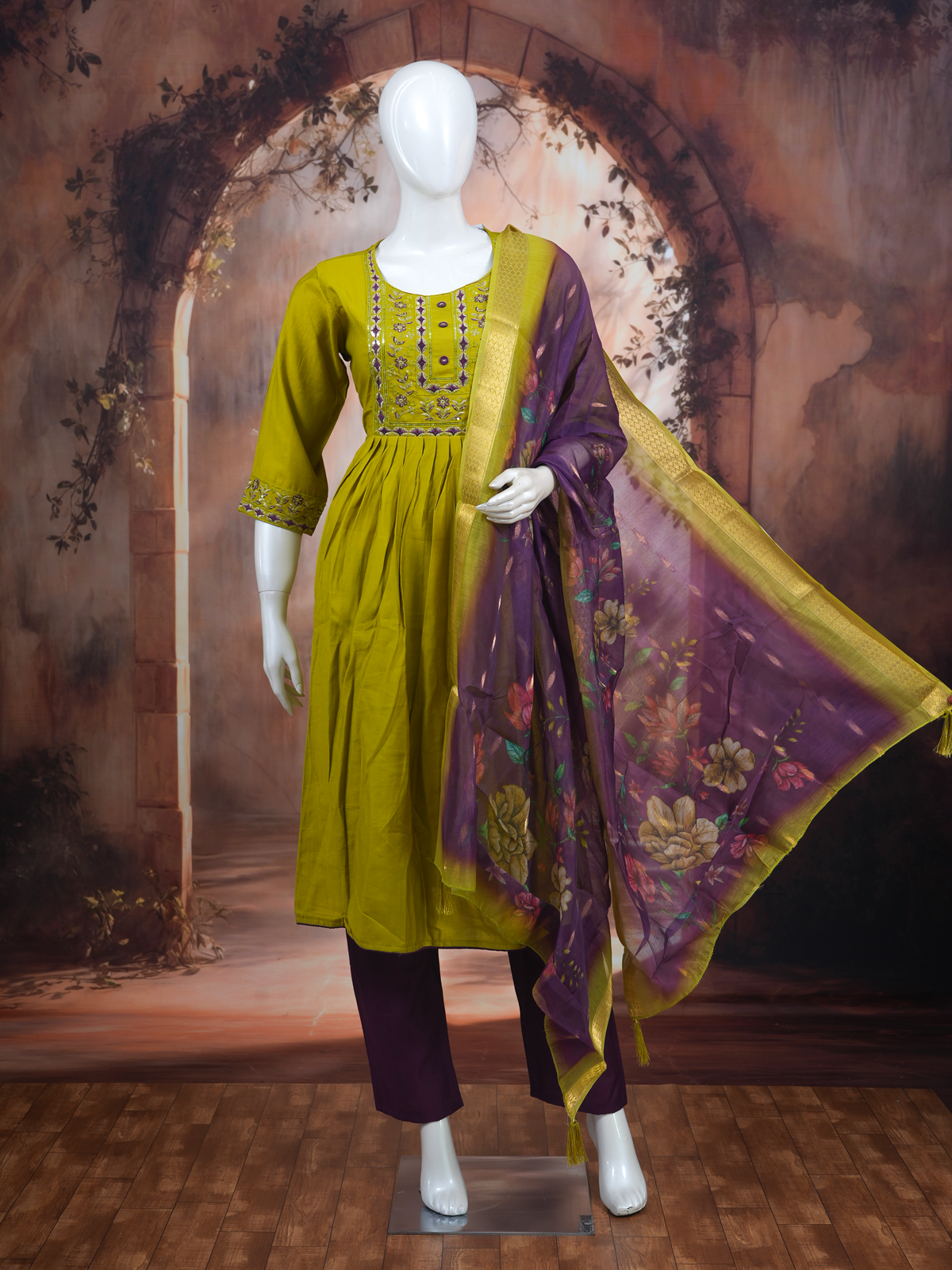 Olive Green with Purple Dupatta Anarkali Kurti Set