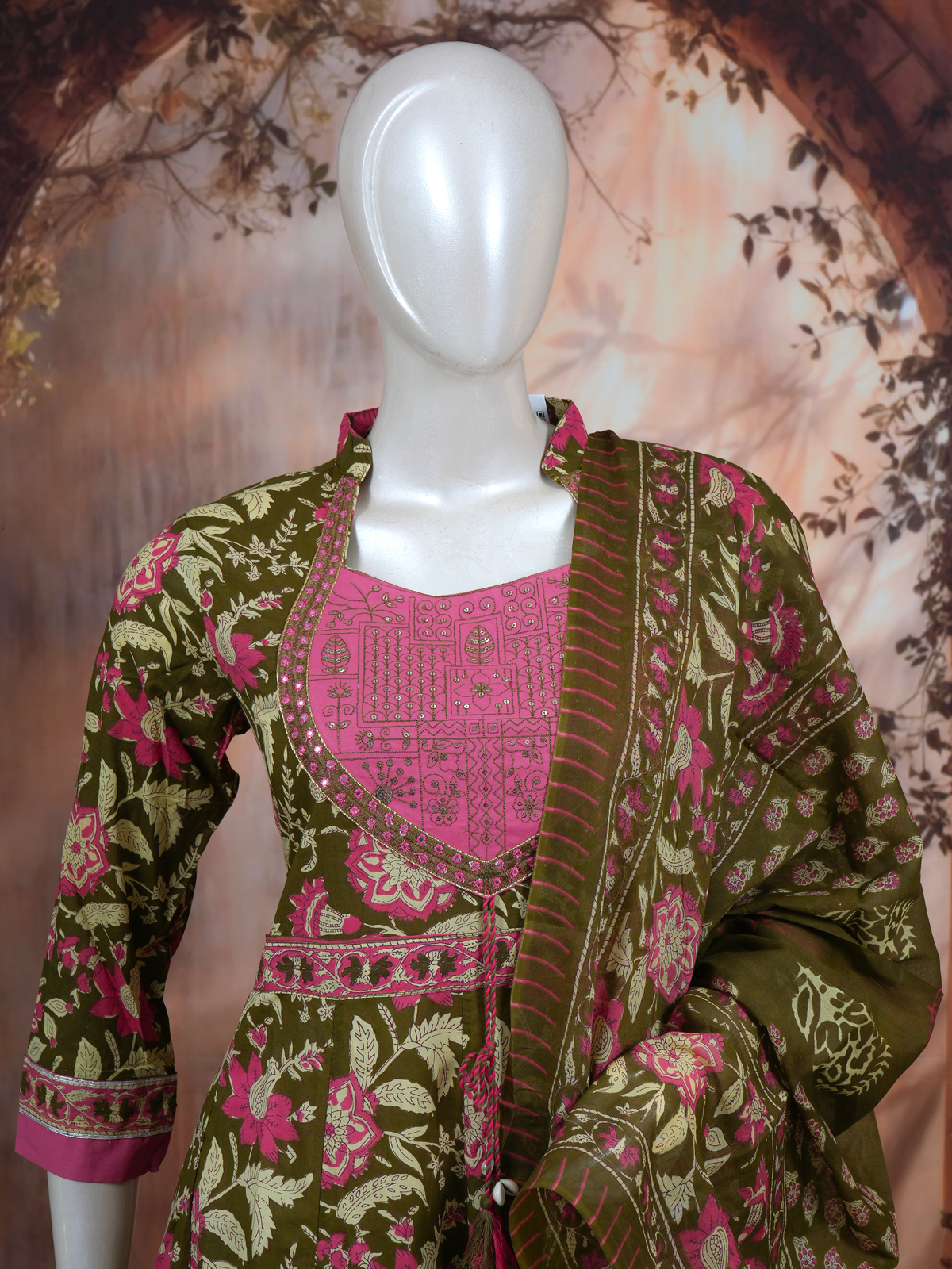 Olive Green with Pink Dupatta Anarkali Kurti Set