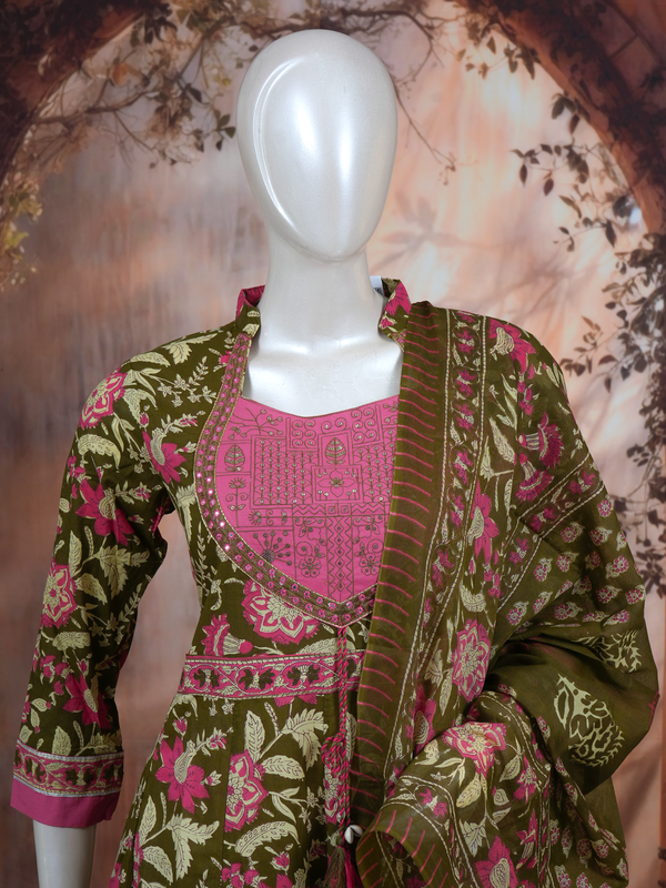 Olive Green with Pink Dupatta Anarkali Kurti Set