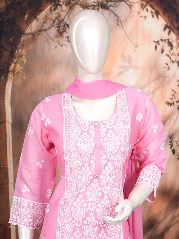 Pink with White Dupatta Ready Made Straight Cut Kurti Set