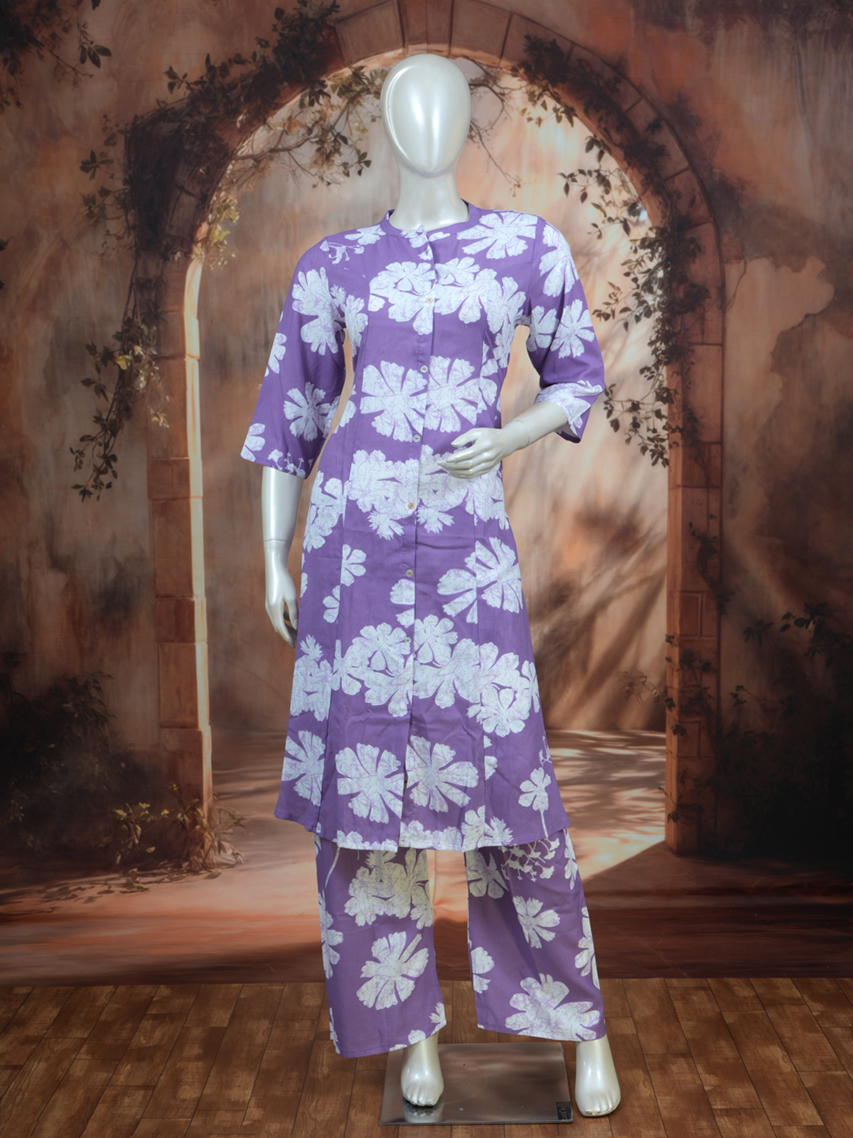 Lavender Floral Cotton  2 piece Kurti Set