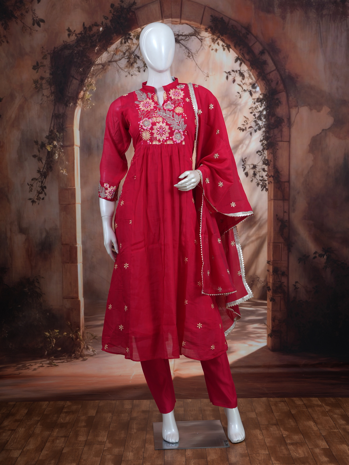 Crimson Red with Dupatta Anarkali Kurti Set
