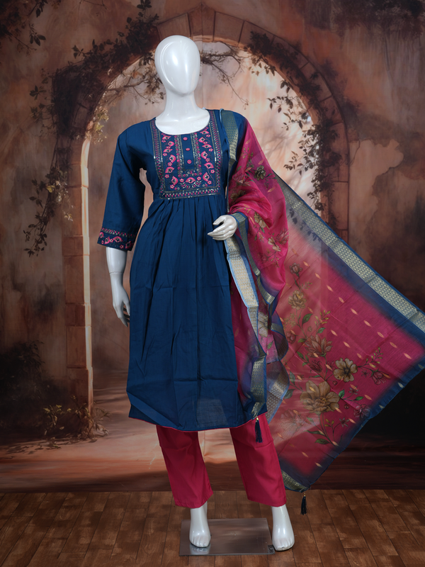 Teal Blue with Magenta Dupatta Anarkali Kurti Set