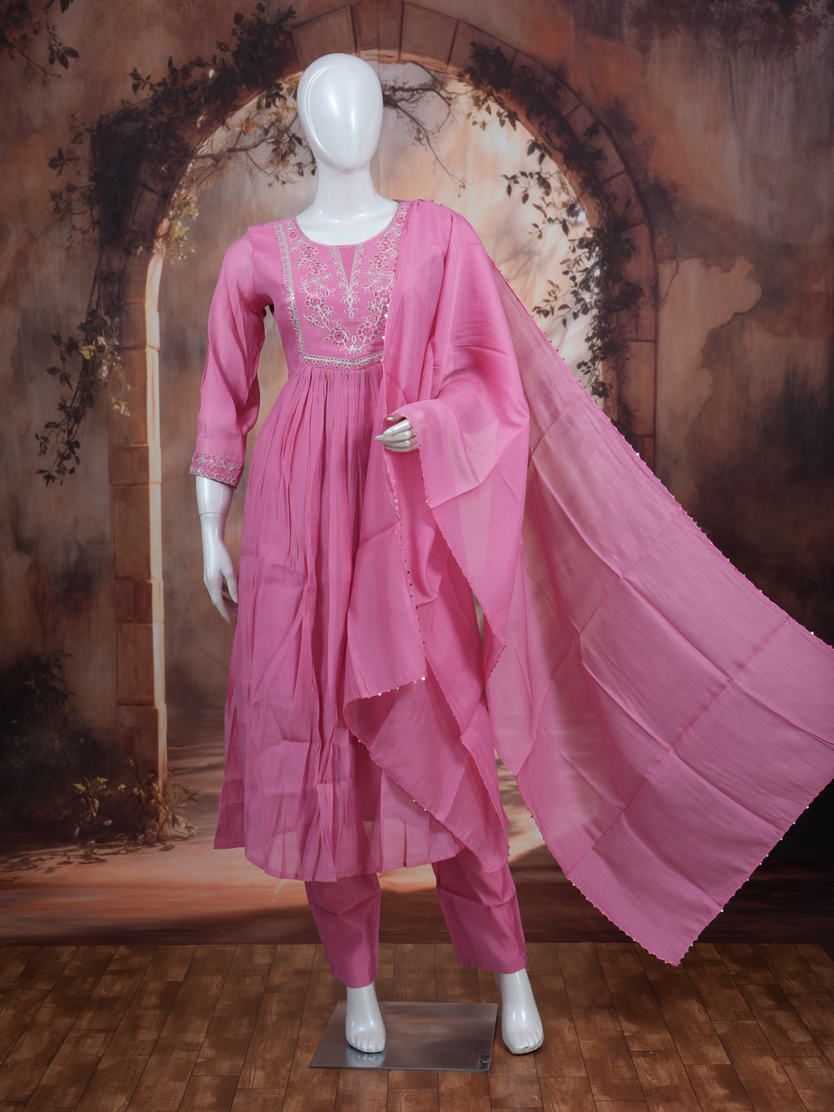 Pink with Dupatta Anarkali Kurti Set