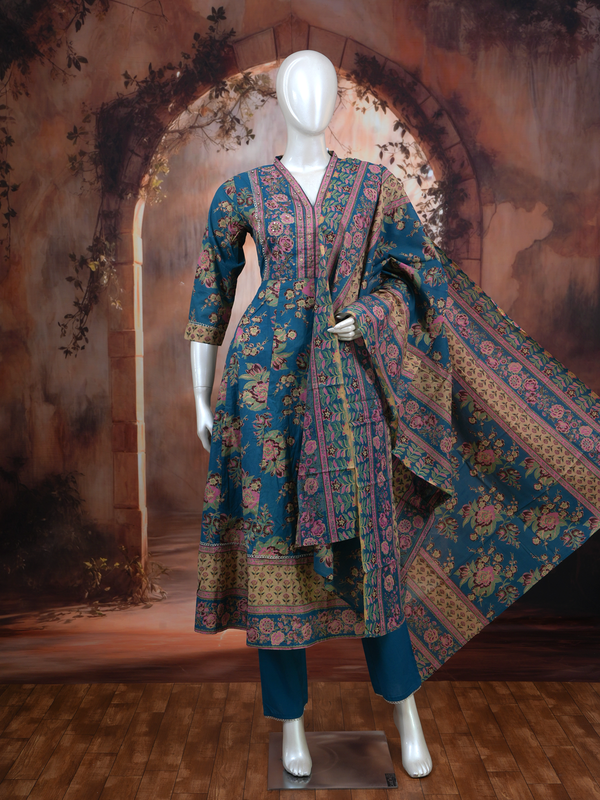 Teal Blue with Matching Floral Dupatta Anarkali Kurti Set