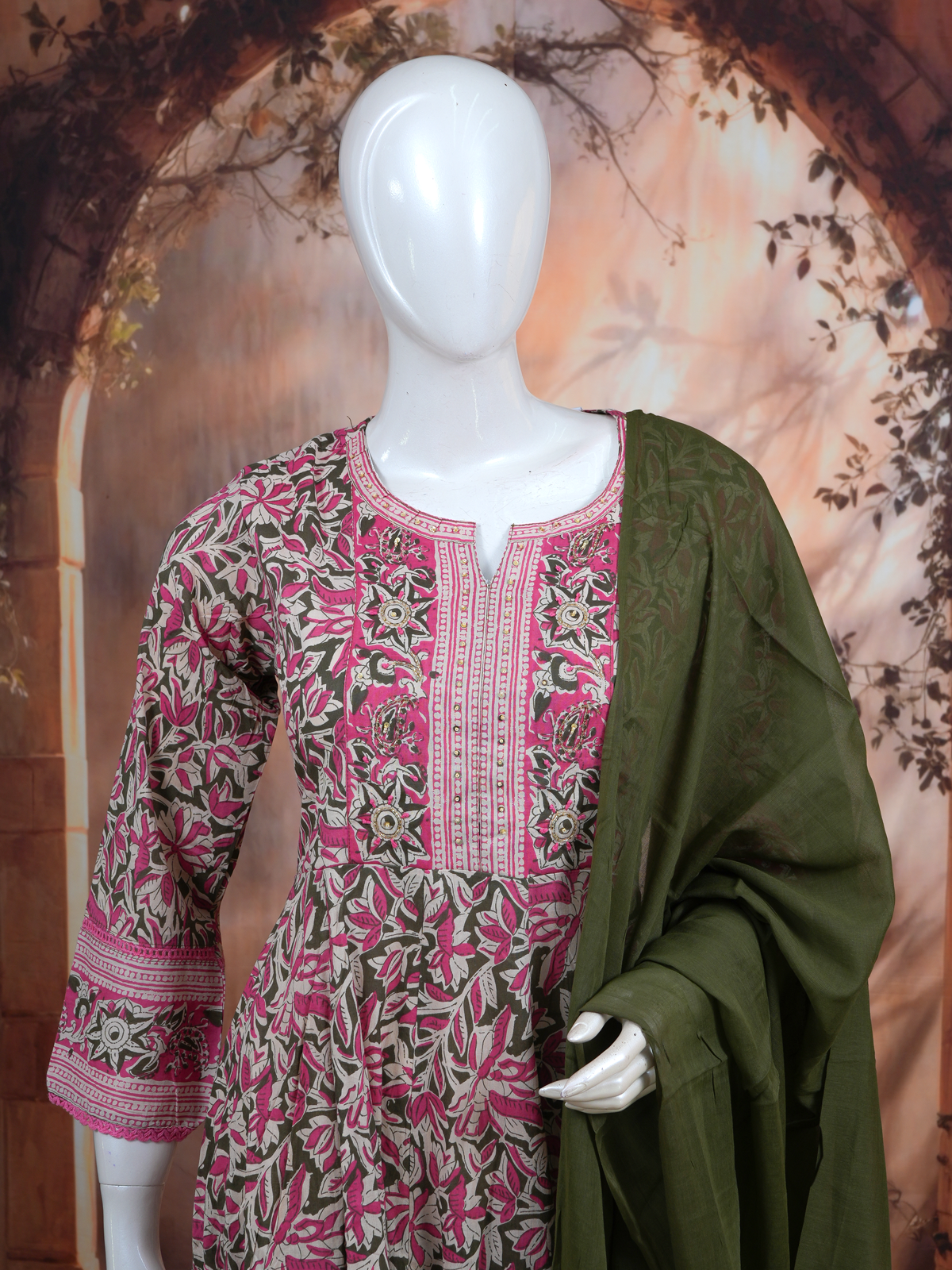 Olive Green with Pink Dupatta Anarkali Kurti Set