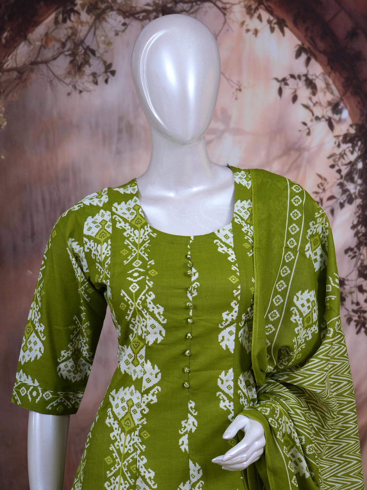 Olive Green with Olive Green Anarkali Kurti Set
