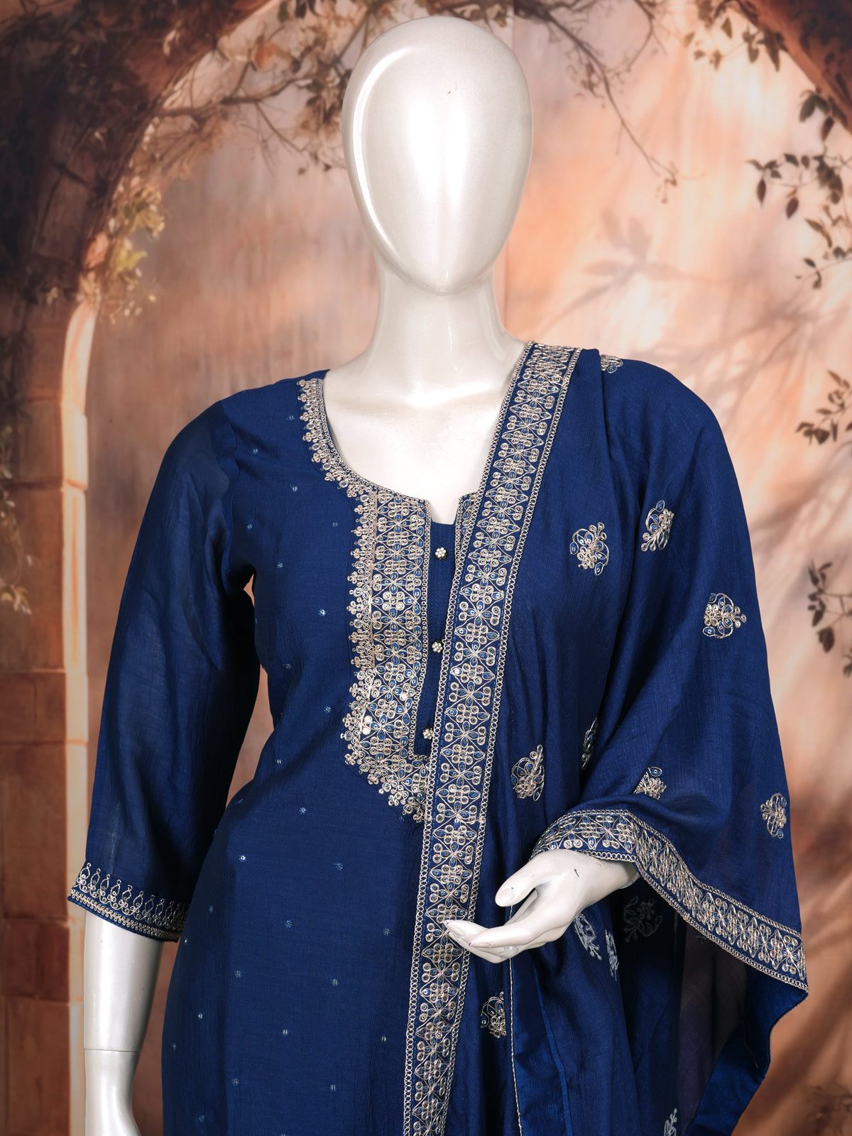 Navy Blue with Zari Dupatta Ready Made Kurti Set