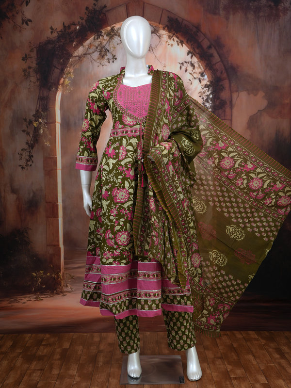 Olive Green with Pink Dupatta Anarkali Kurti Set