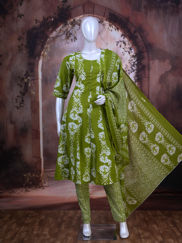 Olive Green with Olive Green Anarkali Kurti Set