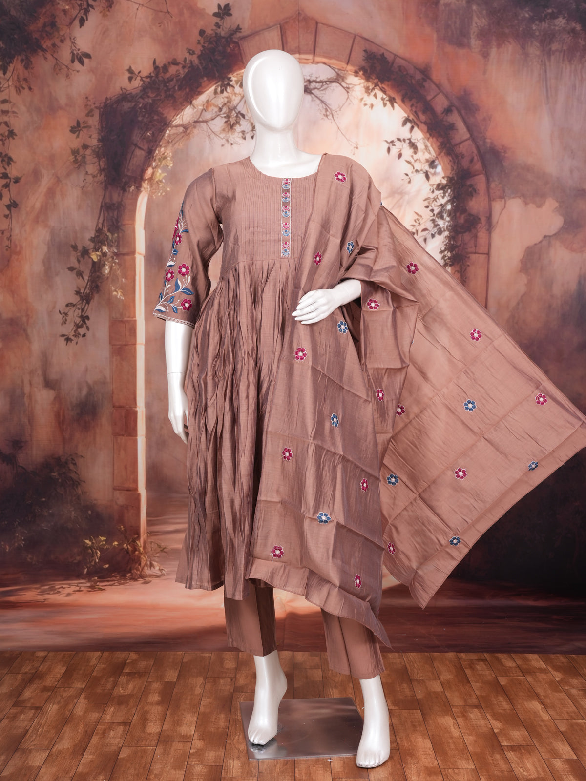 Taupe Brown with Matching Dupatta Ready Made Kurti Set
